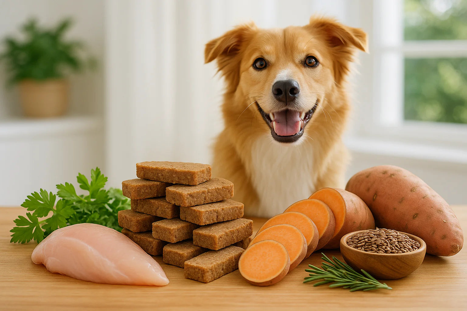 Hund am Tisch mit gesundem Essen