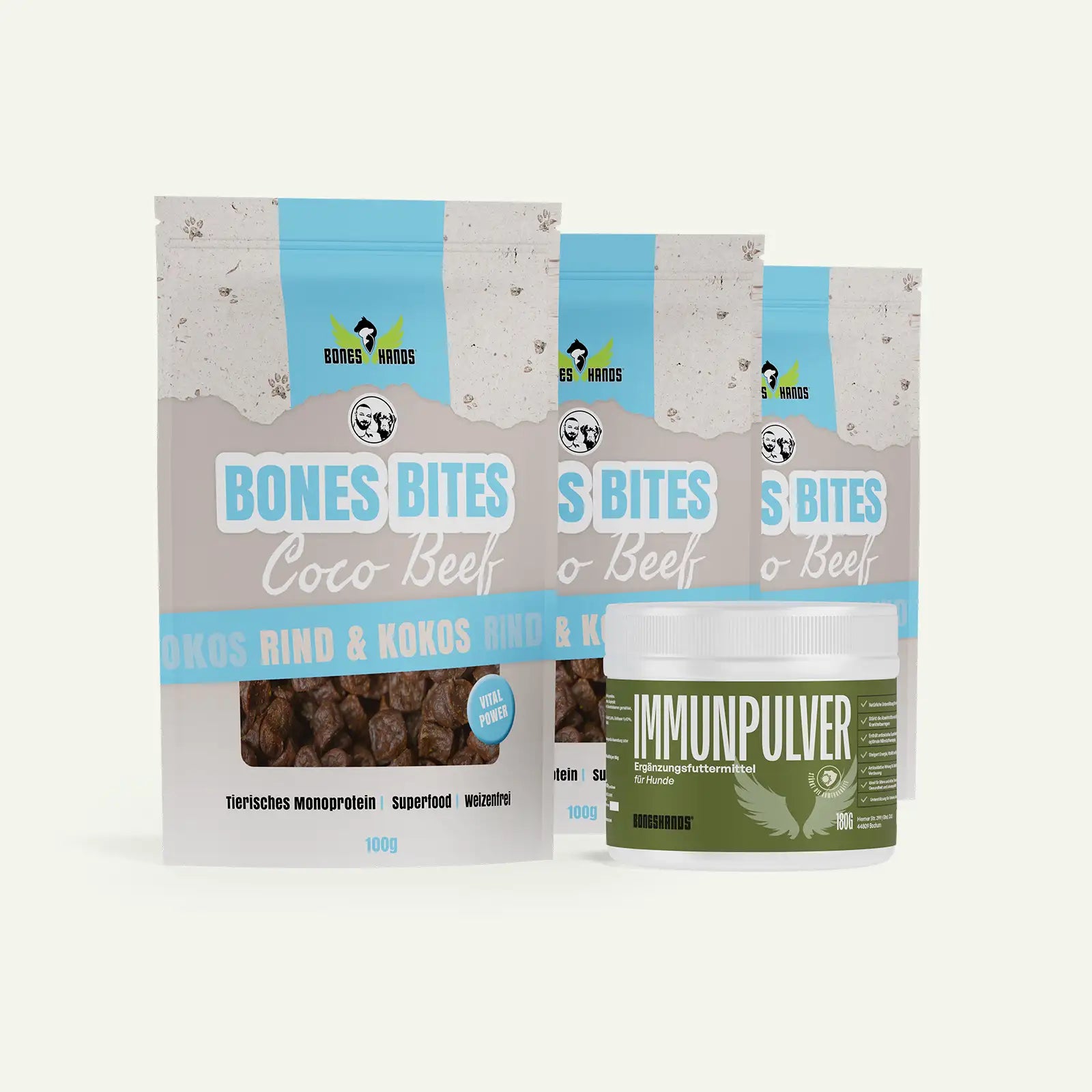 Boneshands Immunpulverbundle mit Cocobeef Leckerlis
