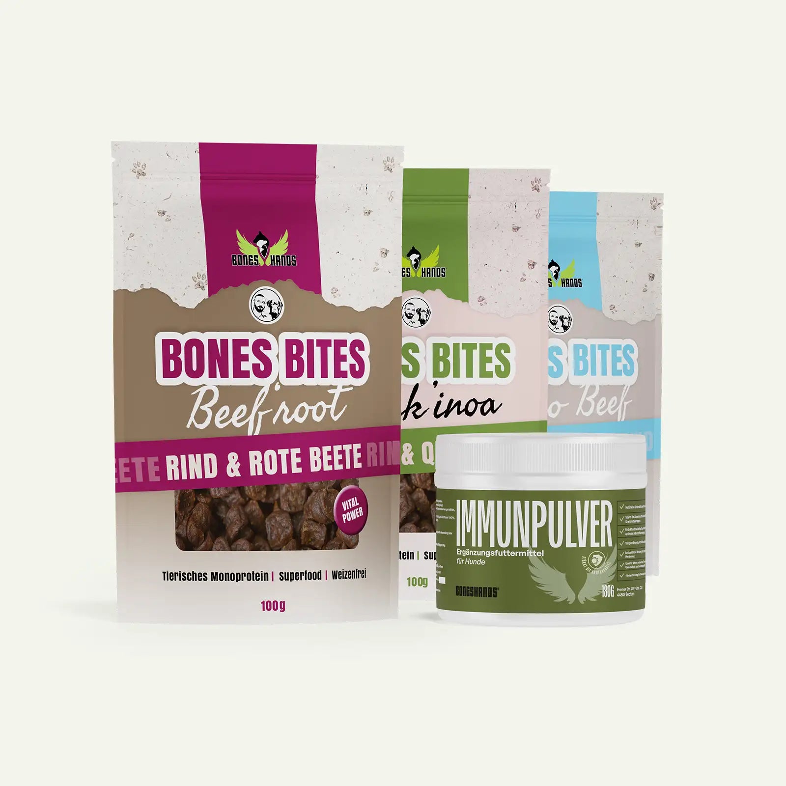 Boneshands Immunpulverbundle mit Dreierlei Leckerlis