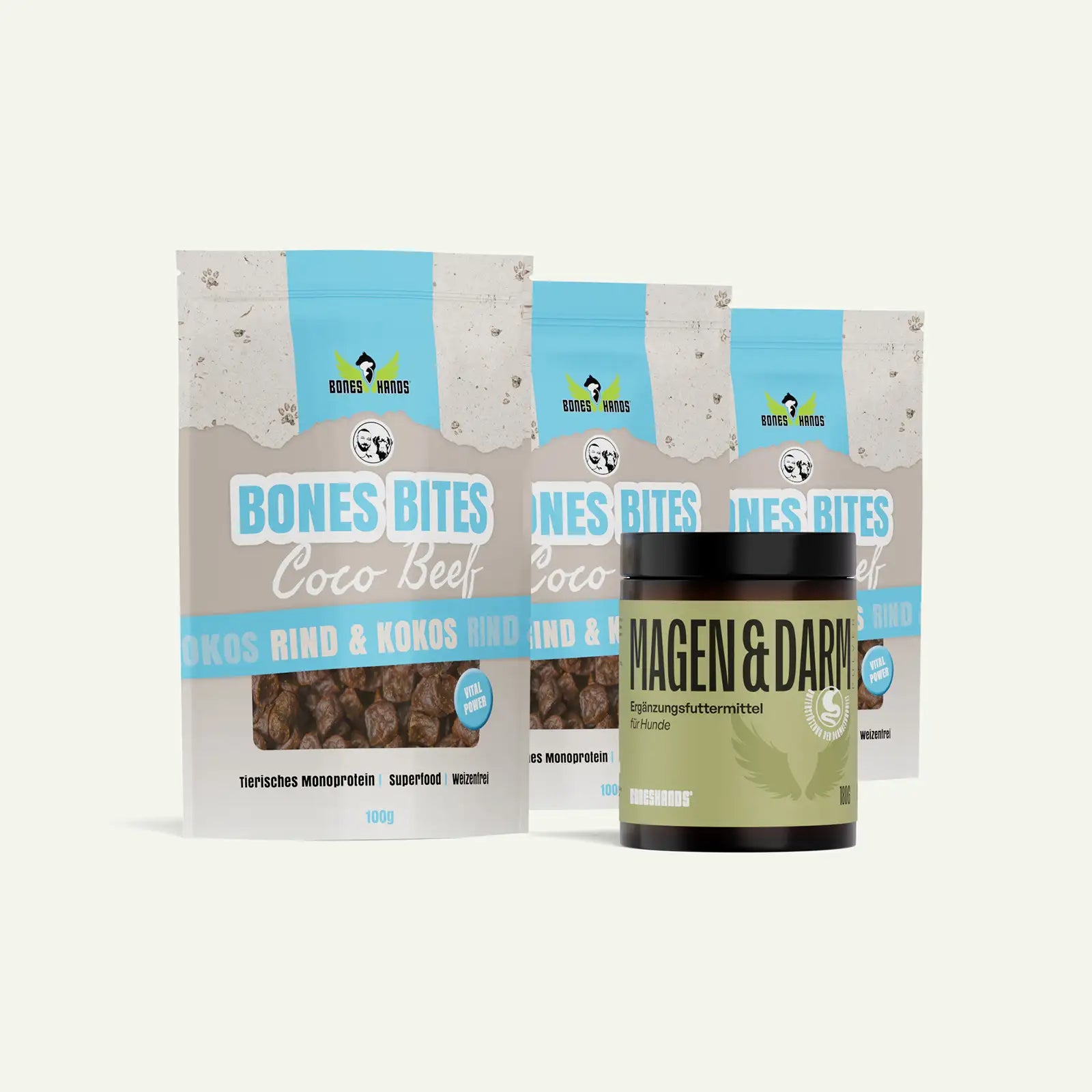 Boneshands Magendarmpulver und BonesBites Cocobeef