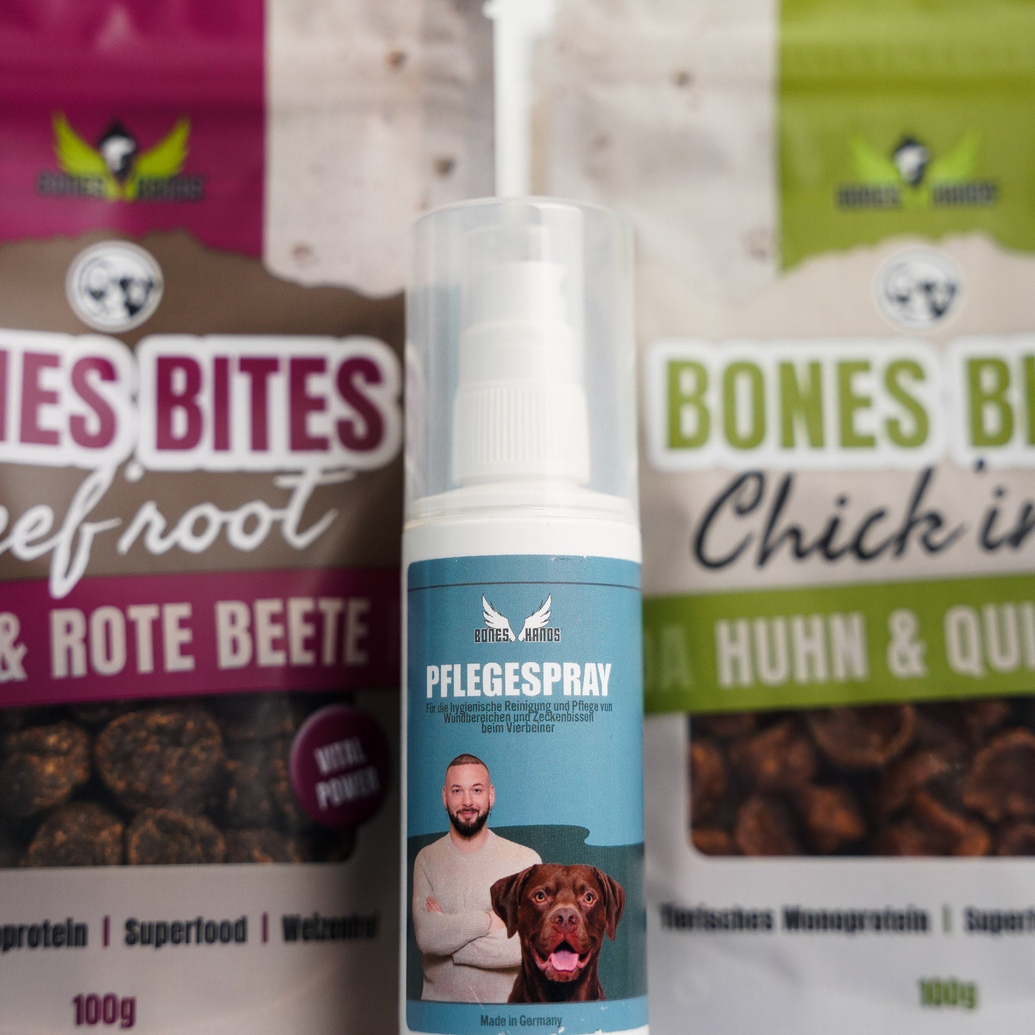 Boneshands Pflegespray und Leckerlis