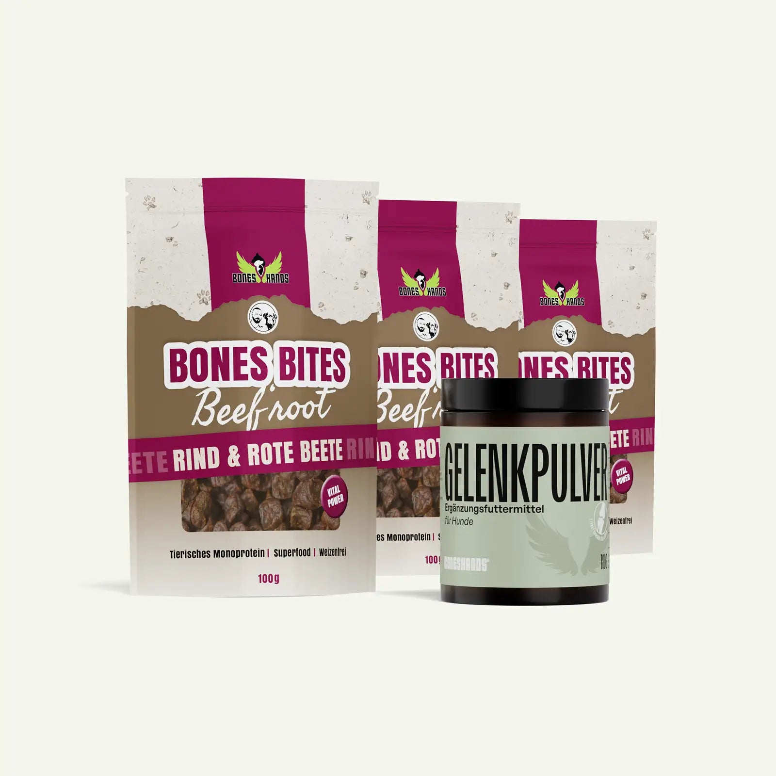 Boneshands Gelenkpulverbundle mit Beefroot Leckerlis